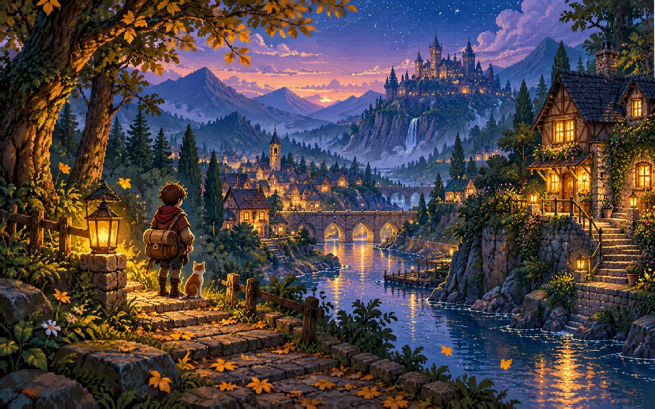 A quiet pixel world beneath a glowing moon