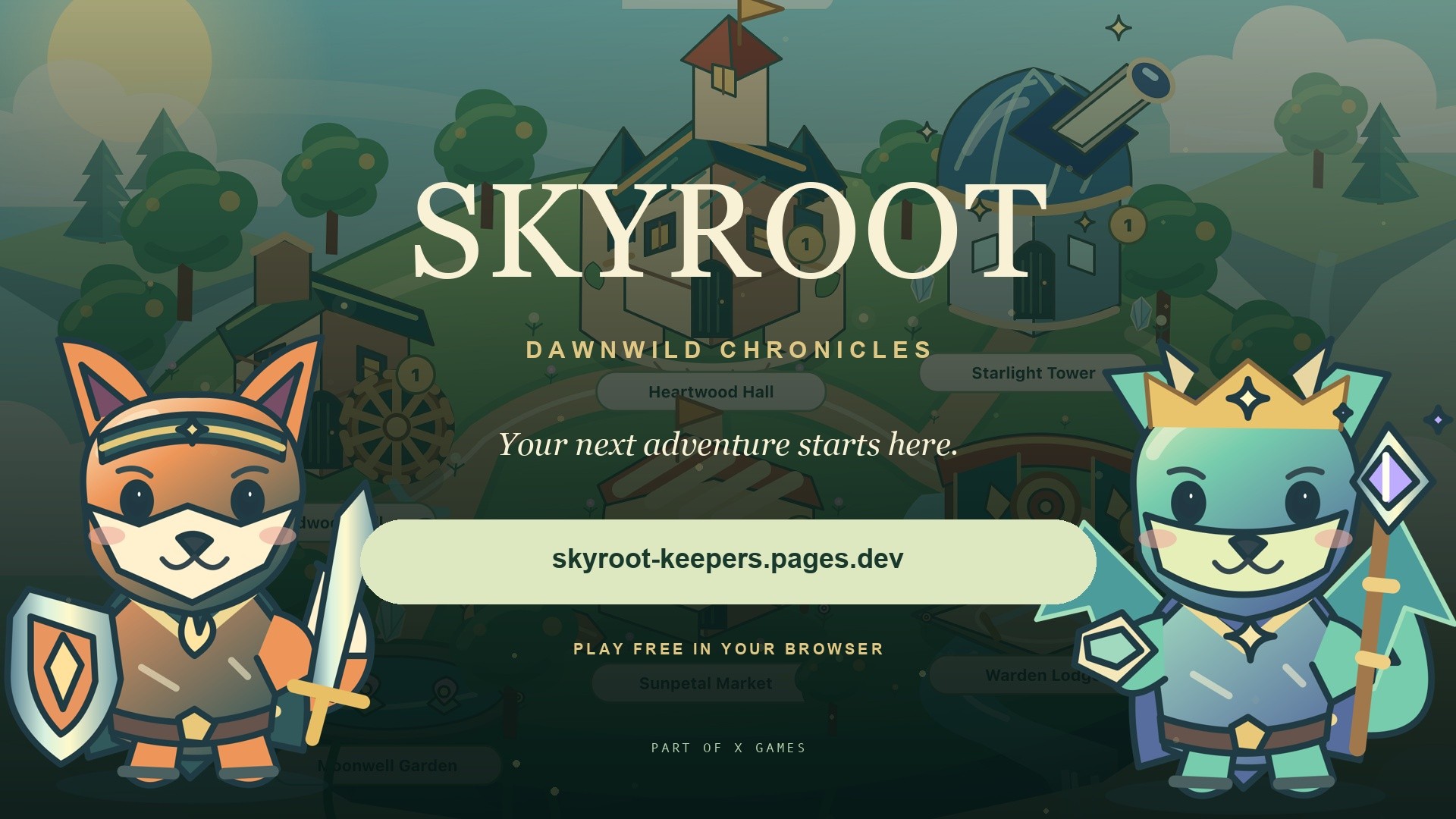 Skyroot: Dawnwild Chronicles, with Rowan and Ori above the floating village